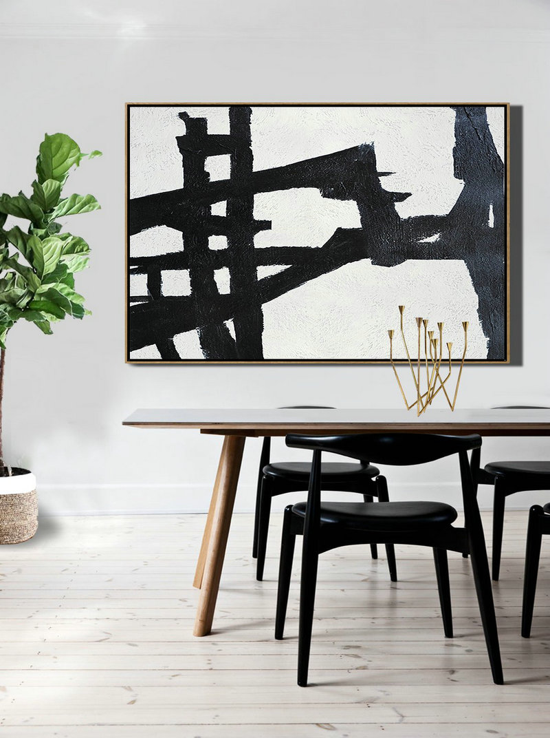 Modern Art Abstract Painting,Hand Painted Oversized Horizontal Minimal Art On Canvas, Black And White Minimalist Painting - Huge Abstract Canvas Art